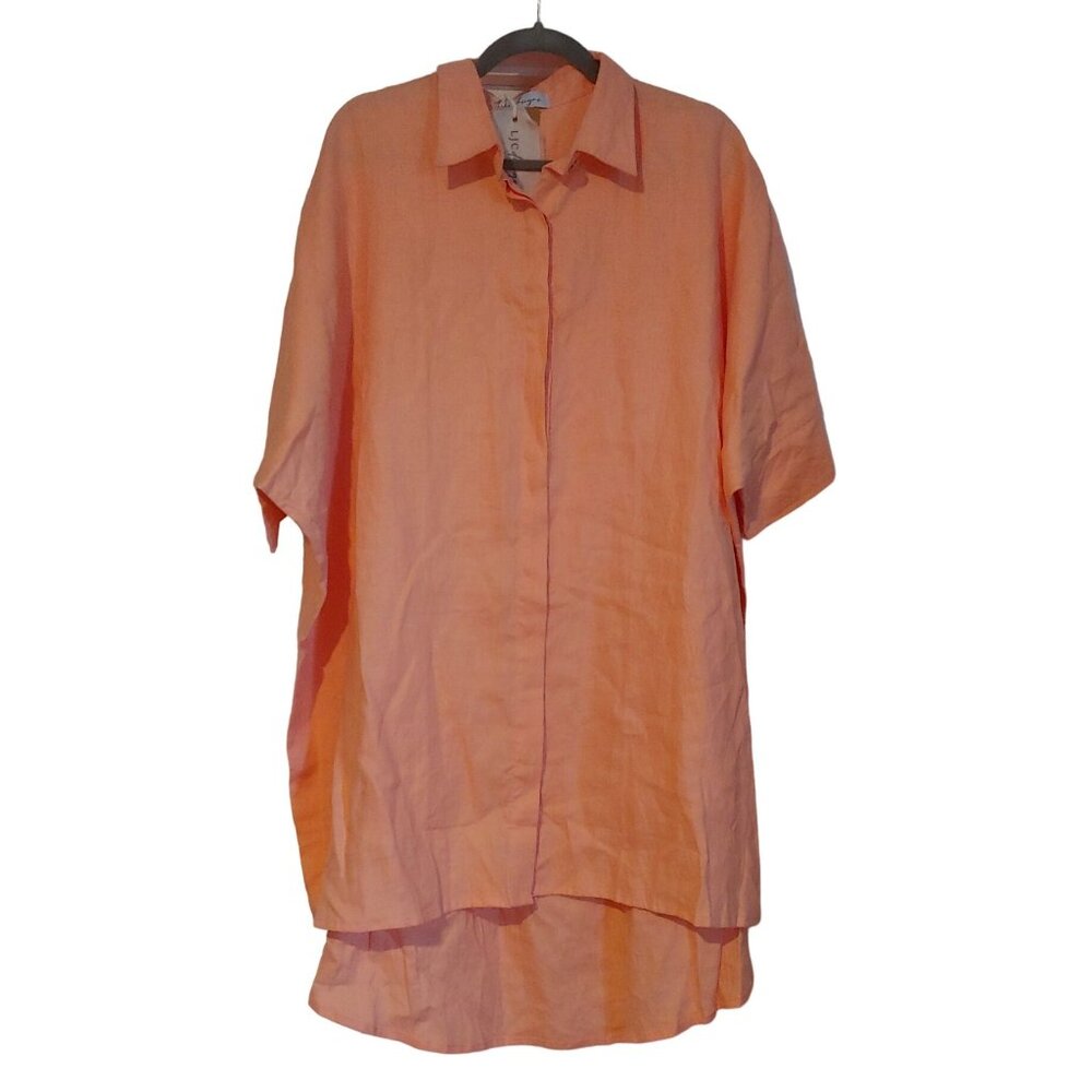 LJC Designs 100% Linen OS Oversize Lagenlook Peach Short Sleeve Button Top